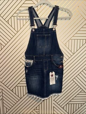 Imperial Star Indigo Denim Pinafore Dress with Frayed Hem